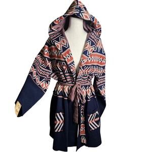 Western Aztec Luxurious Feeling Stretchy Knit Hoodie Cardigan with Belt PTP 24